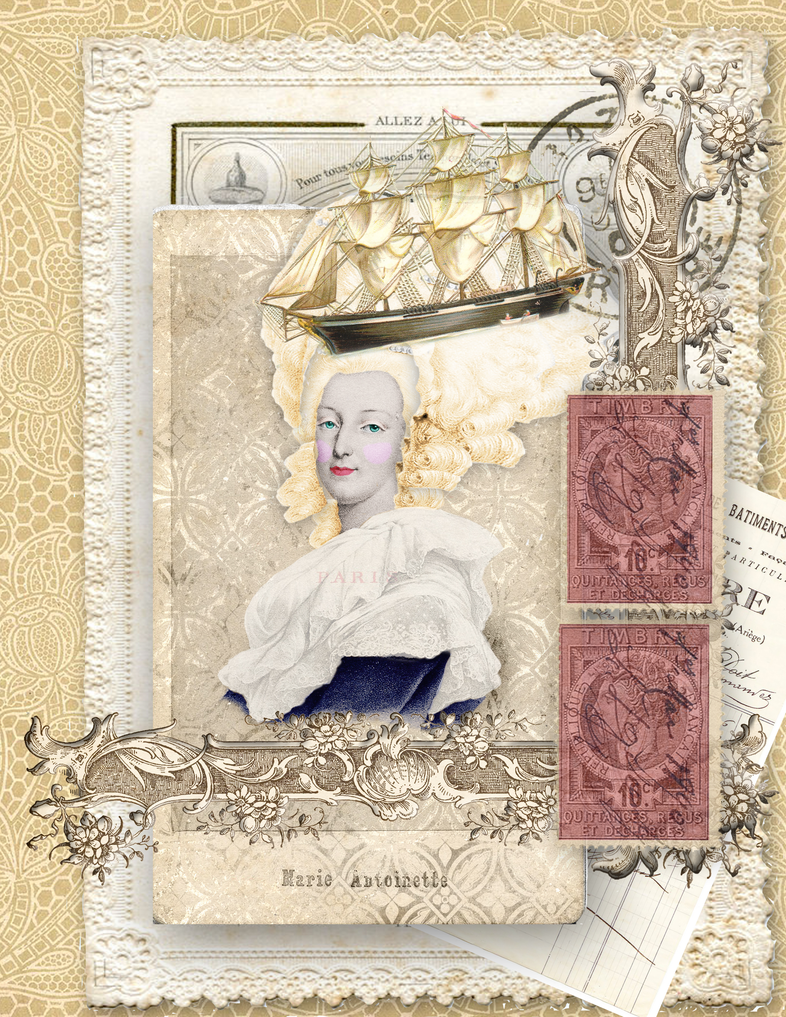 Marie Antionette themed collage - masks, coloring B&W images